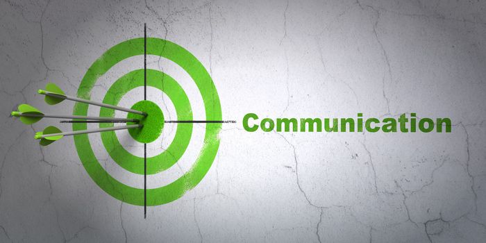 Success marketing concept: arrows hitting the center of target, Green Communication on wall background, 3d render