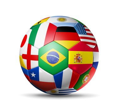 3D football soccer ball with world teams flags. brazil world cup 2014. Isolated on white with clipping path