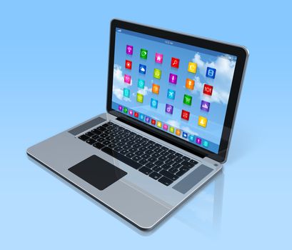 3D Laptop Computer - apps icons interface - isolated with clipping path