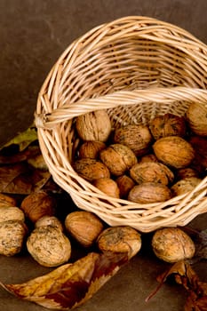 Walnuts in wicker basket on brown background