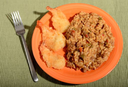 fried shrimp with rice and beef side dish