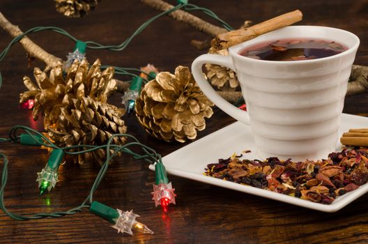 Hot drink in a still life with Christmas decoration