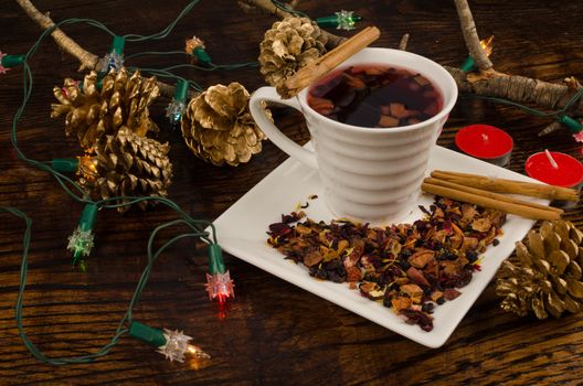 Hot drink in a still life with Christmas decoration