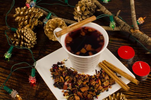 Hot drink in a still life with Christmas decoration