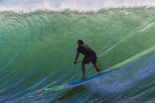 Surfer surfing riding sup board on good size clean wave.