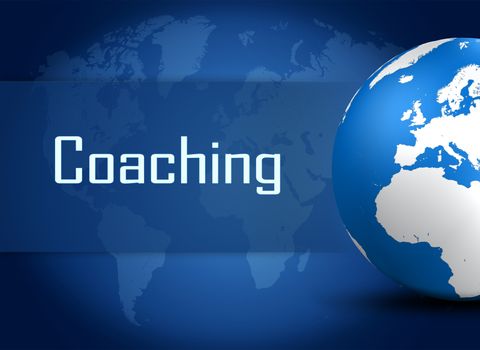 Coaching concept with globe on blue background
