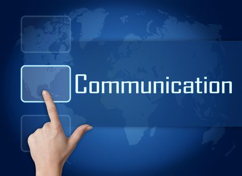 Communication concept with interface and world map on blue background
