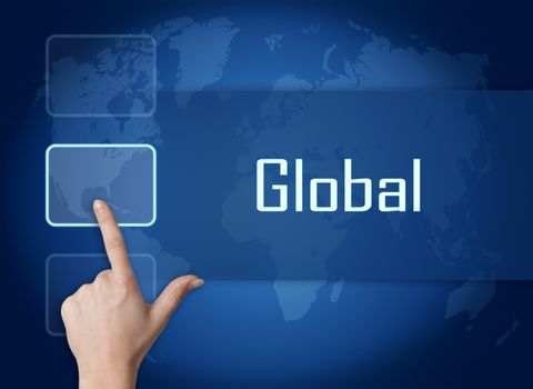 Global concept with interface and world map on blue background