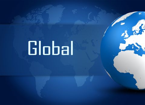 Global concept with globe on blue background