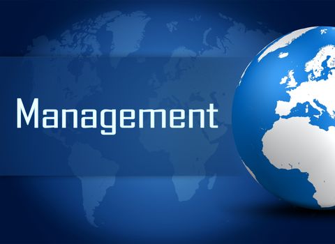 Management concept with globe on blue background