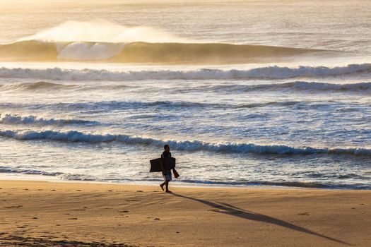 Surfing bodyboarder walking early morning along beach shoreline with waves breaking in ocean shallows..