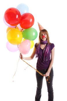 Girl with colored baloons isolated on the white