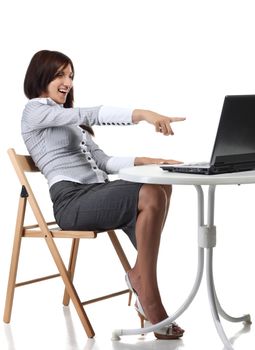 Happy women sitting with computer isolated on the white background