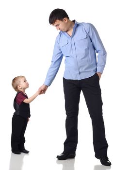 Man and little boy shaking hands isolated on the white