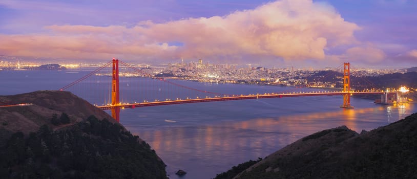 San Francisco Northern California Golden Gate Bridge at Blue Hour with Cumulus Clouds Panorama