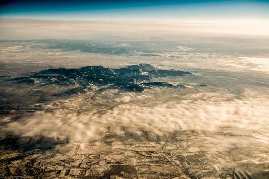 Panoramic view of landscape of rocky Mountain Range in winter