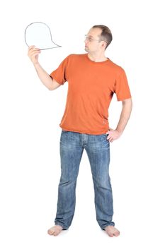 Young man holds a blank card isolated at the white background