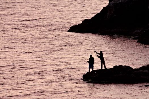 Two men fishing from the shore