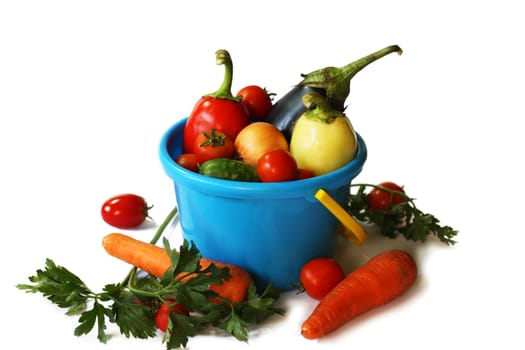 Different vegetables in a plastic pail isolated on the white