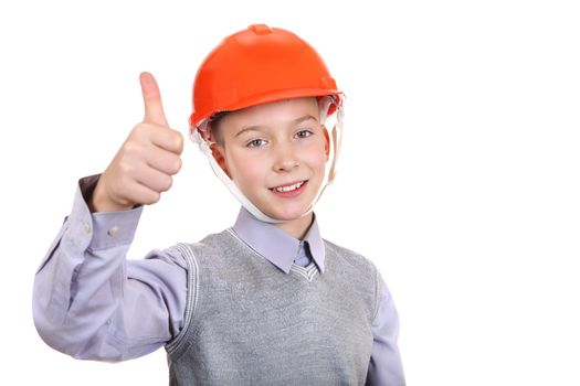 Boy in Hard Hat with Thumb Up Gesture Isolated on the White Background