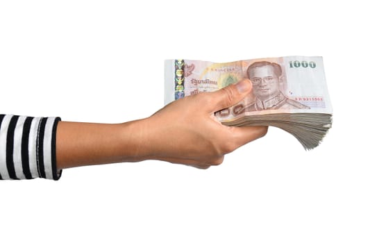 many banknote in hand on white background