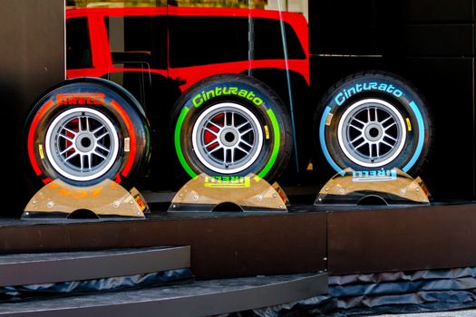 JEREZ DE LA FRONTERA, SPAIN - FEB 05: Exposition of the several sets of pneumatic tires Pirelli for the championship of Formula 1 of 2013 on February 05 , 2013, in Jerez de la Frontera , Spain