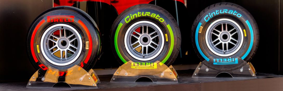 JEREZ DE LA FRONTERA, SPAIN - FEB 05: Exposition of the several sets of pneumatic tires Pirelli for the championship of Formula 1 of 2013 on February 05 , 2013, in Jerez de la Frontera , Spain