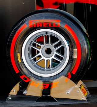 JEREZ DE LA FRONTERA, SPAIN - FEB 05: Exposition of supersoft  pneumatic tire Pirelli for the championship of Formula 1 of 2013 on February 05 , 2013, in Jerez de la Frontera , Spain