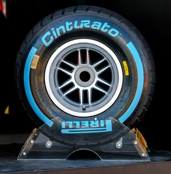 JEREZ DE LA FRONTERA, SPAIN - FEB 05: Exposition of wet pneumatic tire Pirelli for the championship of Formula 1 of 2013 on February 05 , 2013, in Jerez de la Frontera , Spain