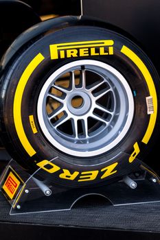 JEREZ DE LA FRONTERA, SPAIN - FEB 05: Exposition of soft pneumatic tire Pirelli for the championship of Formula 1 of 2013 on February 05 , 2013, in Jerez de la Frontera , Spain