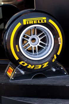 JEREZ DE LA FRONTERA, SPAIN - FEB 05: Exposition of soft pneumatic tire Pirelli for the championship of Formula 1 of 2013 on February 05 , 2013, in Jerez de la Frontera , Spain