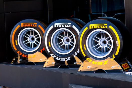 JEREZ DE LA FRONTERA, SPAIN - FEB 05: Exposition of the several sets of pneumatic tires Pirelli for the championship of Formula 1 of 2013 on February 05 , 2013, in Jerez de la Frontera , Spain