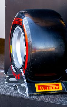 JEREZ DE LA FRONTERA, SPAIN - FEB 05: Exposition of supersoft  pneumatic tire Pirelli for the championship of Formula 1 of 2013 on February 05 , 2013, in Jerez de la Frontera , Spain