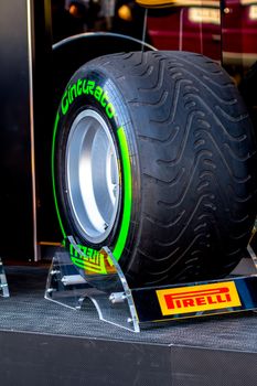 JEREZ DE LA FRONTERA, SPAIN - FEB 05: Exposition of intermediate  pneumatic tire Pirelli for the championship of Formula 1 of 2013 on February 05 , 2013, in Jerez de la Frontera , Spain