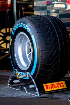 JEREZ DE LA FRONTERA, SPAIN - FEB 05: Exposition of wet pneumatic tire Pirelli for the championship of Formula 1 of 2013 on February 05 , 2013, in Jerez de la Frontera , Spain