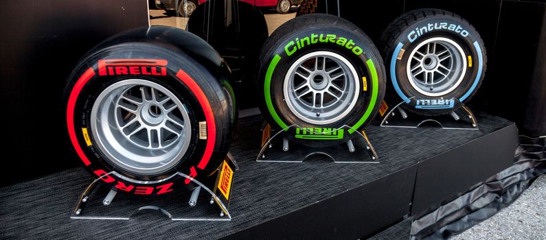 JEREZ DE LA FRONTERA, SPAIN - FEB 05: Exposition of the several sets of pneumatic tires Pirelli for the championship of Formula 1 of 2013 on February 05 , 2013, in Jerez de la Frontera , Spain