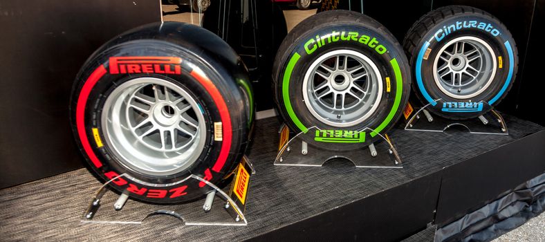 JEREZ DE LA FRONTERA, SPAIN - FEB 05: Exposition of the several sets of pneumatic tires Pirelli for the championship of Formula 1 of 2013 on February 05 , 2013, in Jerez de la Frontera , Spain