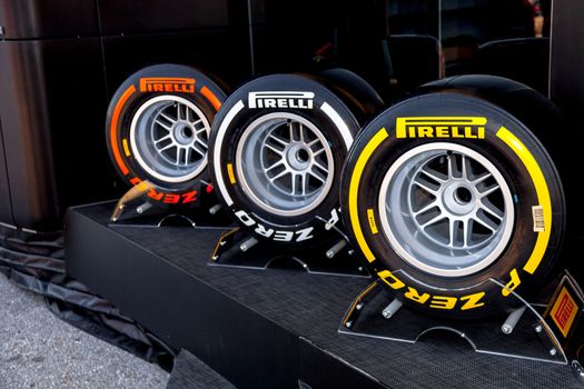 JEREZ DE LA FRONTERA, SPAIN - FEB 05: Exposition of the several sets of pneumatic tires Pirelli for the championship of Formula 1 of 2013 on February 05 , 2013, in Jerez de la Frontera , Spain