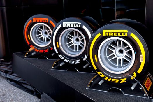 JEREZ DE LA FRONTERA, SPAIN - FEB 05: Exposition of the several sets of pneumatic tires Pirelli for the championship of Formula 1 of 2013 on February 05 , 2013, in Jerez de la Frontera , Spain