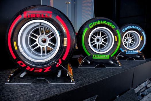 JEREZ DE LA FRONTERA, SPAIN - FEB 05: Exposition of the several sets of pneumatic tires Pirelli for the championship of Formula 1 of 2013 on February 05 , 2013, in Jerez de la Frontera , Spain