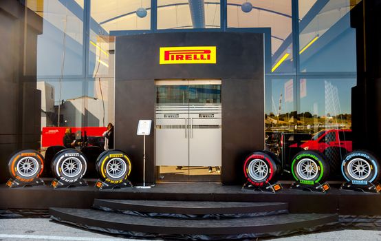 JEREZ DE LA FRONTERA, SPAIN - FEB 05: Exposition of the several sets of pneumatic tires Pirelli for the championship of Formula 1 of 2013 on February 05 , 2013, in Jerez de la Frontera , Spain