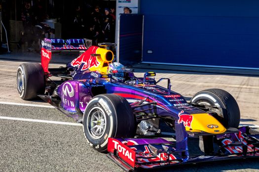 JEREZ DE LA FRONTERA, SPAIN - FEB 07: Sebastian Vettel of Red Bull F1 leaving the pit on training session on February 07 , 2013, in Jerez de la Frontera , Spain