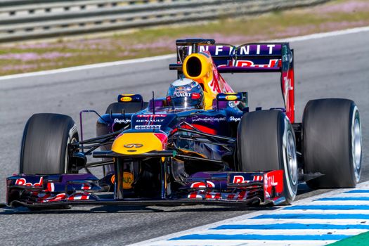 JEREZ DE LA FRONTERA, SPAIN - FEB 07: Sebastian Vettel of Red Bull F1 races on training session on February 07 , 2013, in Jerez de la Frontera , Spain