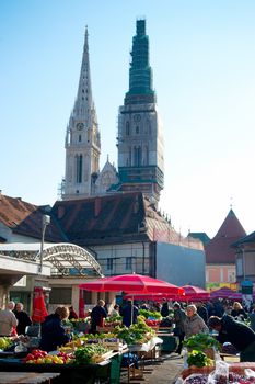 Zagreb, Croatia - October 03, 2013: Residents shop at the Dolac Market in Zagreb, Croatia. Dolac is the most visited and the best known farmer's market in Zagreb