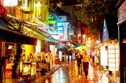 Singapore, Republic of Singapore -  May 07, 2013 : Street View of Boat Quay during twilightin Singapore. Boat Quay is the most popular dining and hanging out area in Singapore.