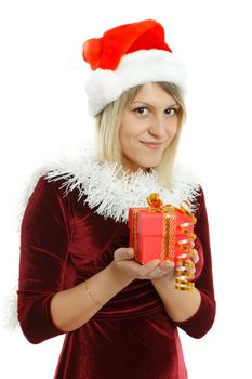 Beautiful girl in Santa hat on white background