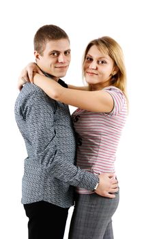 Happy young couple on a white background