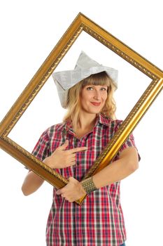 Woman engaged in small home repair on a white background