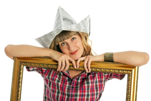 Woman engaged in small home repair on a white background