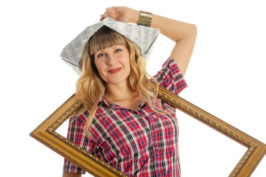 Woman engaged in small home repair on a white background